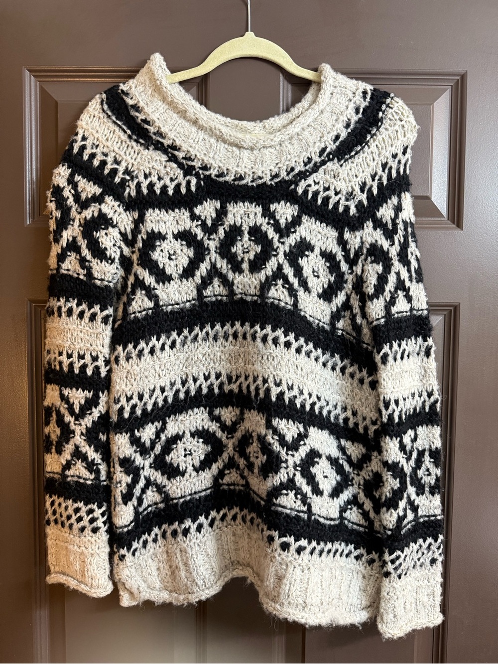 Free People Black & Cream Geometric Knit Crewneck Sweater